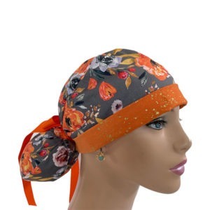Turn Up Ponytail Medical Scrub Cap - Golden Fall Flowers