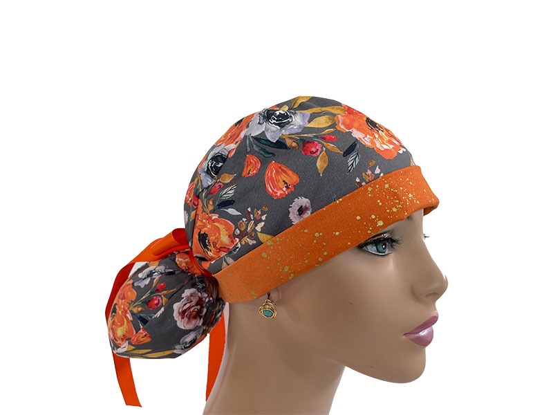 Turn Up Ponytail Medical Scrub Cap - Golden Fall Flowers
