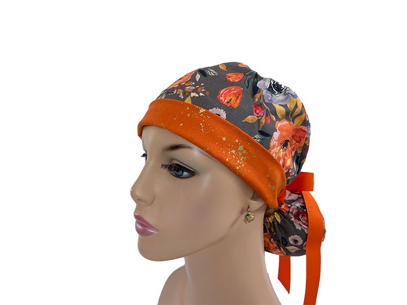 Turn Up Ponytail Medical Scrub Cap - Golden Fall Flowers - Image 2