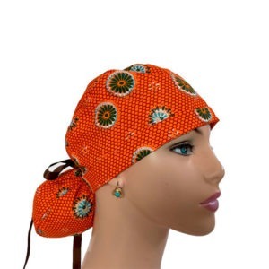 Turn Up Ponytail Medical Scrub Cap - Small Medallions/Orange