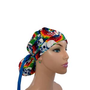 Turn Up Ponytail Medical Scrub Cap - Tie Dye Skulls