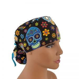 Ponytail Medical Scrub Cap-Sugar Skull Carnival - Black