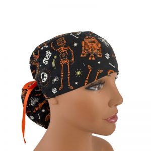 Ponytail Medical Scrub Cap - Neon Skeletons - Black
