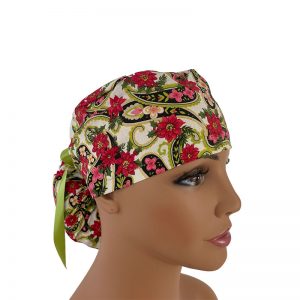 Ponytail Medical Scrub Cap-Paisleys with Gold Accents