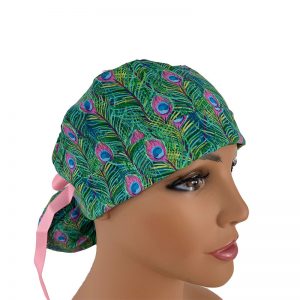 Turn Up Ponytail Medical Scrub Cap - Watercolor Peacock Feathers