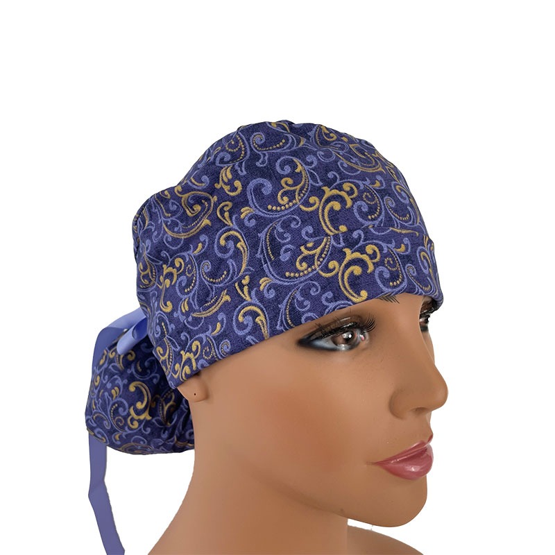Turn Up Ponytail Medical Scrub Cap - Swirls - Purple/Gold