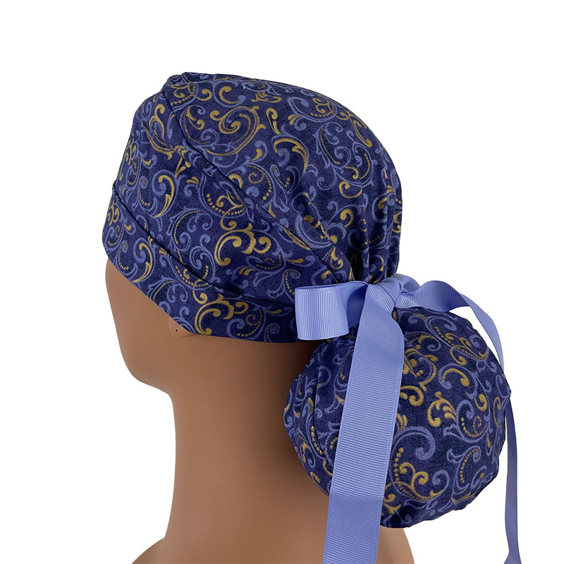 Turn Up Ponytail Medical Scrub Cap - Swirls - Purple/Gold - Image 3