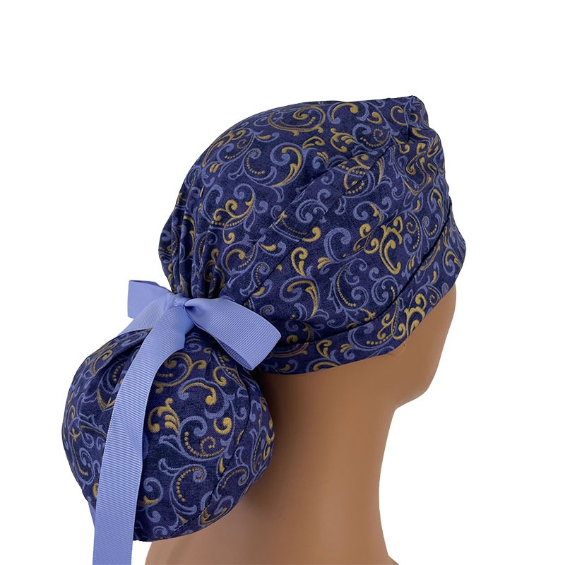 Turn Up Ponytail Medical Scrub Cap - Swirls - Purple/Gold - Image 5
