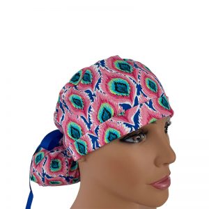 Turn Up Ponytail Medical Scrub Cap - Sitting Pretty - Peacock Feather Fancy - Hot Pink