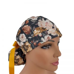 Turn Up Ponytail Medical Scrub Cap - Peonies in Autumn Evening