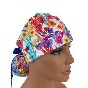 Turn Up Ponytail Medical Scrub Cap - Garden in Color - Bright Aqua