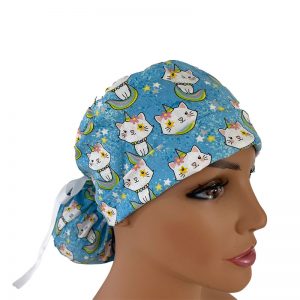 Turn Up Ponytail Medical Scrub Cap - Animal Love - Unicorns Kittens