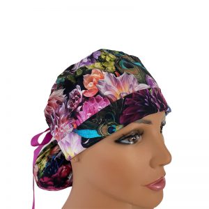 Turn Up Ponytail Medical Scrub Cap - Exotica - Peacock Garden