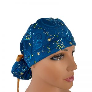 Turn Up Ponytail Medical Scrub Cap - Picture This - Starlight at Dusk - Cobalt Blue