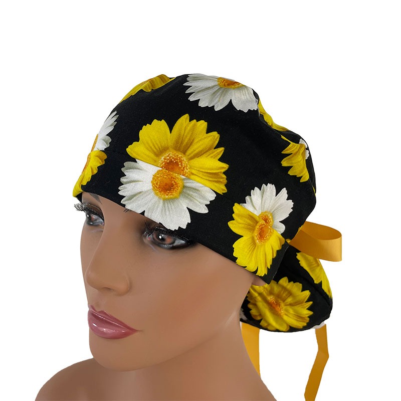 Turn Up Ponytail Medical Scrub Cap - Pop Up Daisies - Image 2