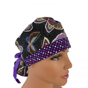 Turn Up Ponytail Medical Scrub Cap - Fantastic Forest - Butterfly Dots - Black