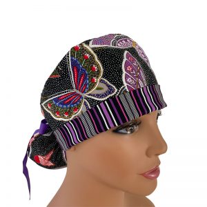 Turn Up Ponytail Medical Scrub Cap - Fantastic Forest - Butterfly Stripes - Black