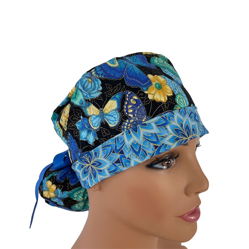 Turn Up Ponytail Medical Scrub Cap - Fantastic Forest - Butterfly Twinkle - Royal Blue