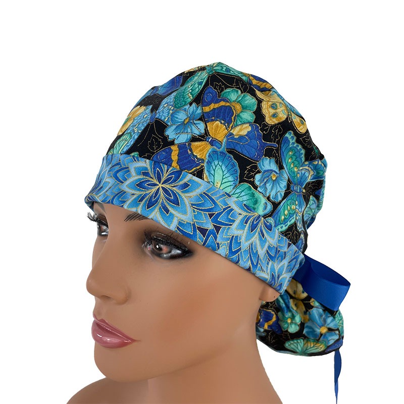 Turn Up Ponytail Medical Scrub Cap - Fantastic Forest - Butterfly Twinkle - Royal Blue - Image 2