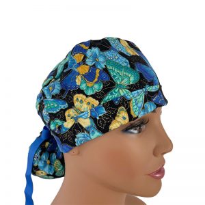 Turn Up Ponytail Medical Scrub Cap - Fantastic Forest - Butterfly Twinkle - Royal Blue