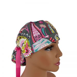 Turn Up Ponytail Medical Scrub Cap - Illusive Paisley - Pewter Gray