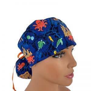Turn Up Ponytail Medical Scrub Cap - Calypso II - Underwater Treasure - Blue