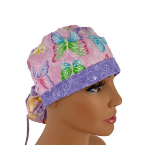 Turn Up Ponytail Medical Scrub Cap - Butterflies on Pink/Lavender
