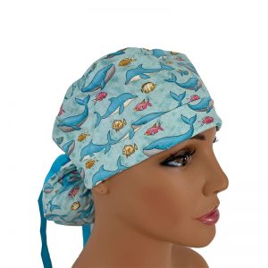 Turn Up Ponytail Medical Scrub Cap - Dolphins, Whales & Fishes