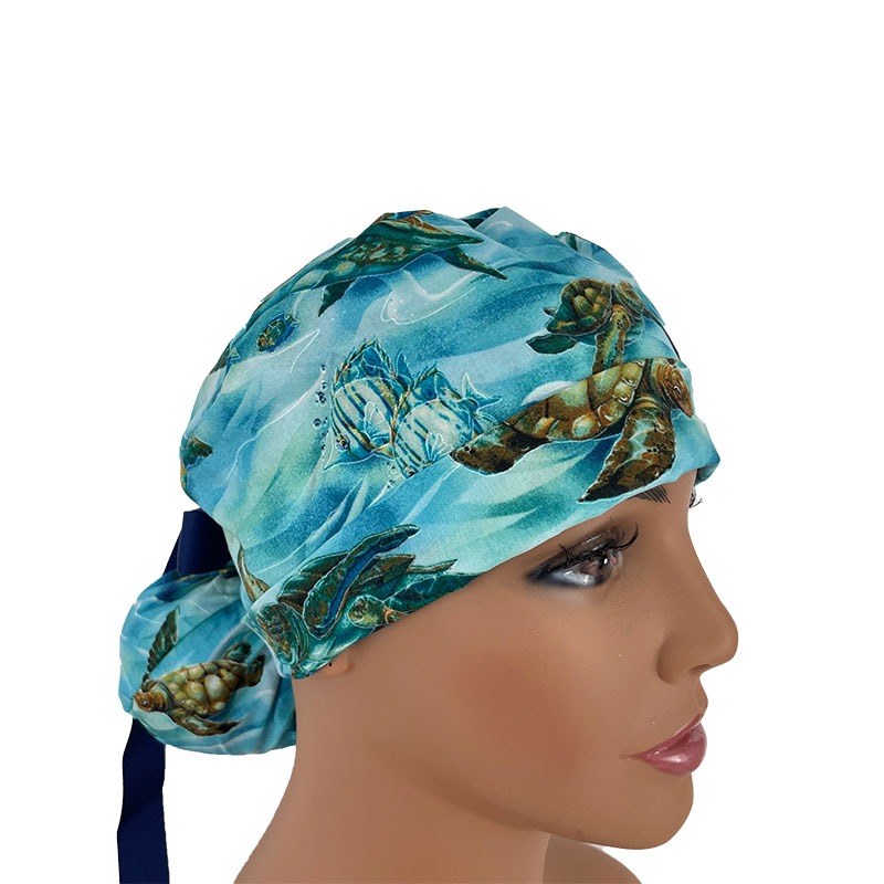 Turn Up Ponytail Medical Scrub Cap - Hooked On Fish - Sea Turtles - Deep Aqua/Gold