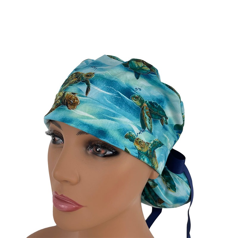 Turn Up Ponytail Medical Scrub Cap - Hooked On Fish - Sea Turtles - Deep Aqua/Gold - Image 2