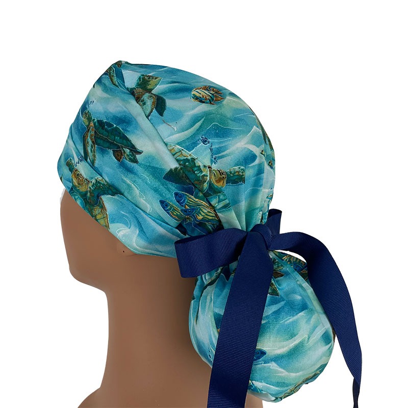 Turn Up Ponytail Medical Scrub Cap - Hooked On Fish - Sea Turtles - Deep Aqua/Gold - Image 3
