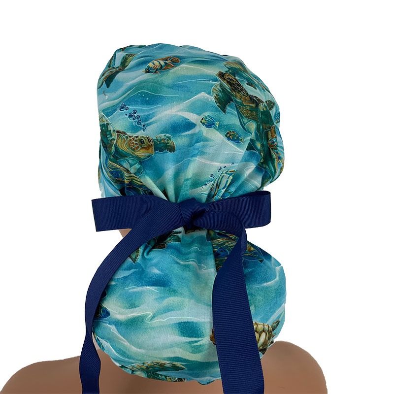 Turn Up Ponytail Medical Scrub Cap - Hooked On Fish - Sea Turtles - Deep Aqua/Gold - Image 4