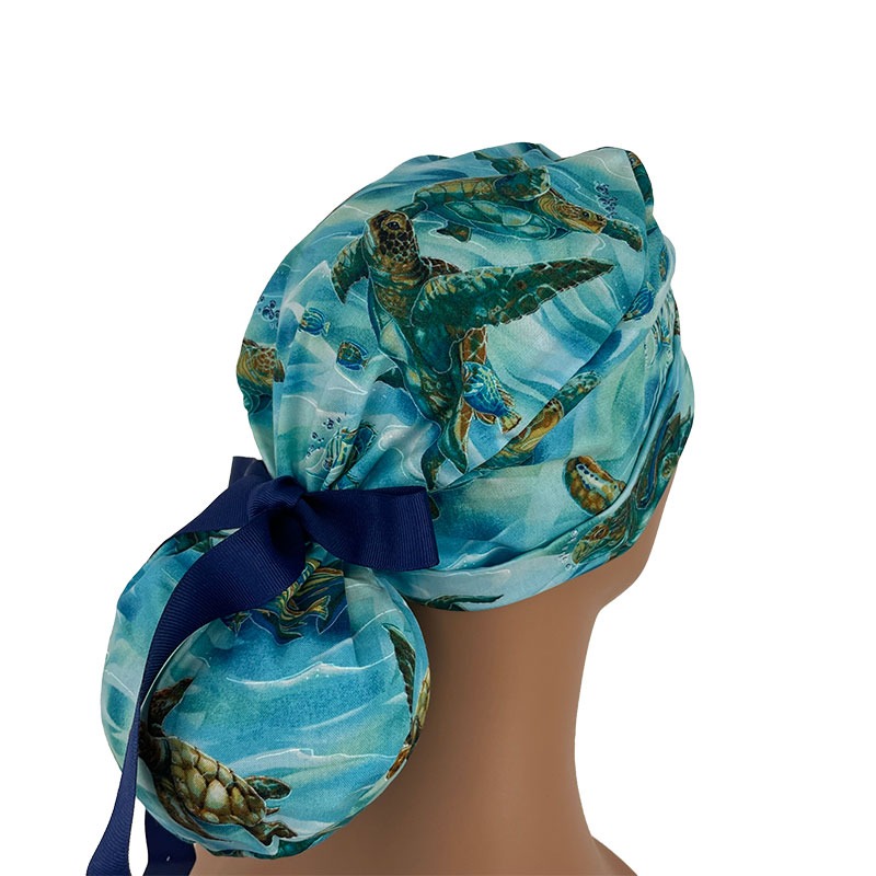 Turn Up Ponytail Medical Scrub Cap - Hooked On Fish - Sea Turtles - Deep Aqua/Gold - Image 5