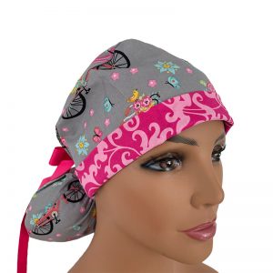 Turn Up Ponytail Medical Scrub Cap - Summer Travel - Gray/Pink Paisleys