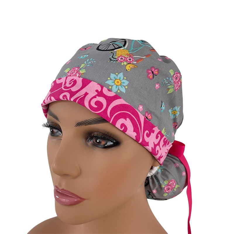 Turn Up Ponytail Medical Scrub Cap - Summer Travel - Gray/Pink Paisleys - Image 2