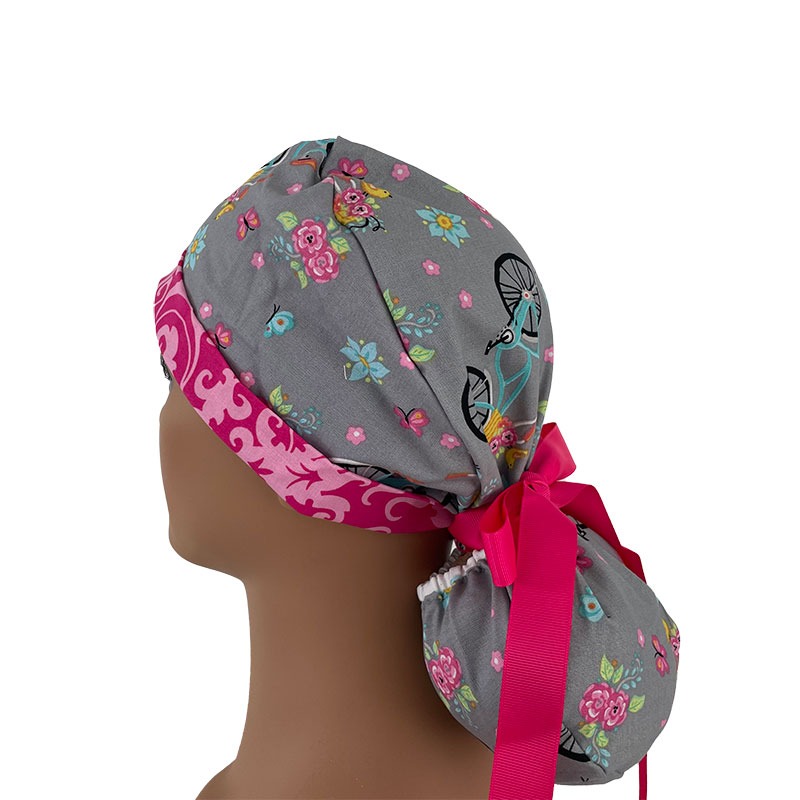 Turn Up Ponytail Medical Scrub Cap - Summer Travel - Gray/Pink Paisleys - Image 3