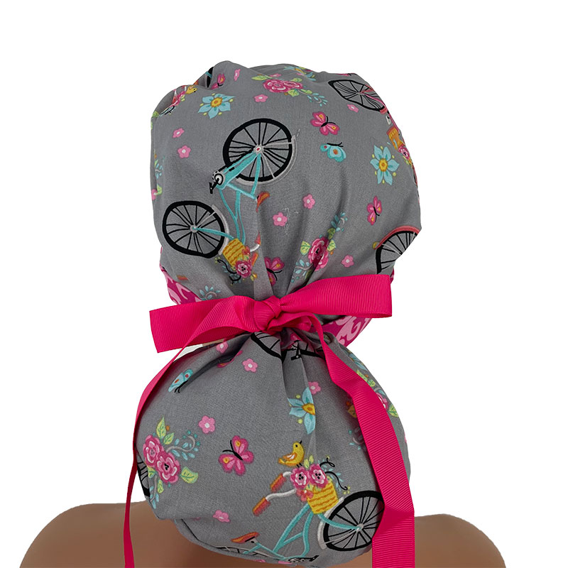 Turn Up Ponytail Medical Scrub Cap - Summer Travel - Gray/Pink Paisleys - Image 4