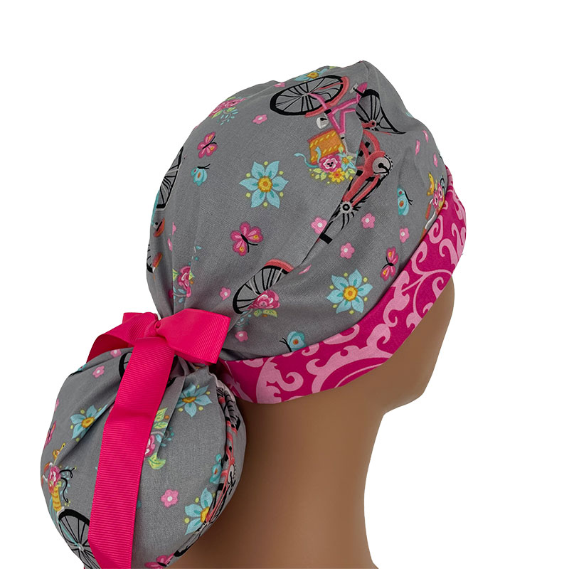 Turn Up Ponytail Medical Scrub Cap - Summer Travel - Gray/Pink Paisleys - Image 5