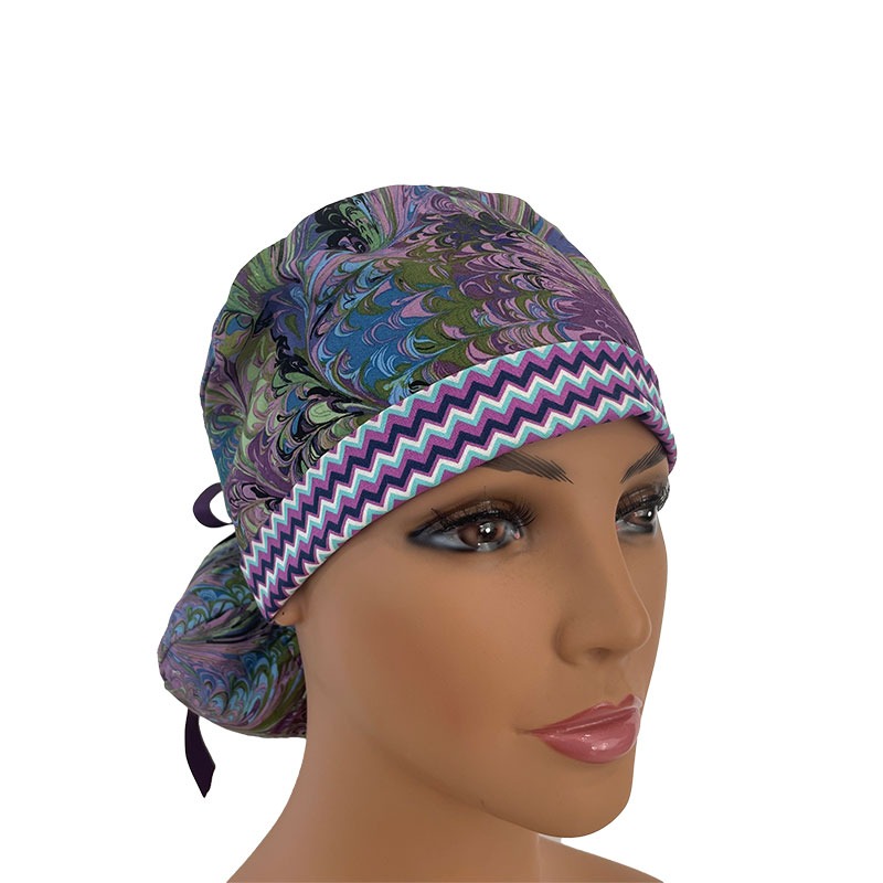 Turn Up Ponytail Medical Scrub Cap - Oil Slick - Chevrons