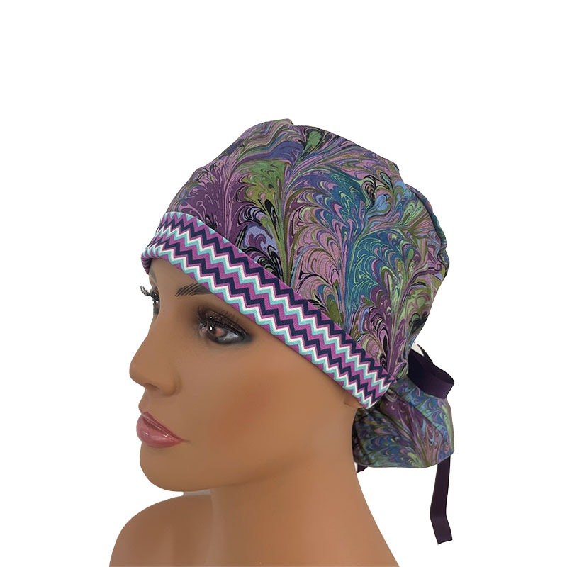 Turn Up Ponytail Medical Scrub Cap - Oil Slick - Chevrons - Image 2