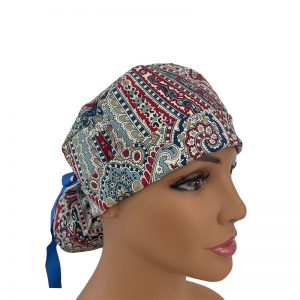 Turn Up Ponytail Medical Scrub Cap - Paisley Story - French Country Flourish - Royal Blue