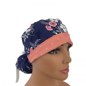 Turn Up Ponytail Medical Scrub Cap - Michiko - Perfect Plum Blossoms - Cobalt Blue/Pink