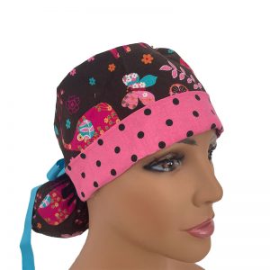 Turn Up Ponytail Medical Scrub Cap - Rare Occasion - Baby Zoo Animals - Brown/Pink