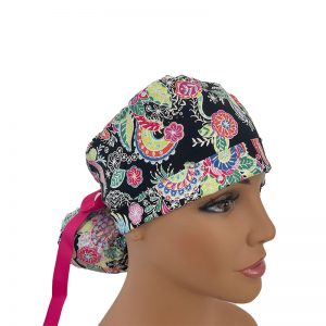 Turn Up Ponytail Medical Scrub Cap - Secret Stash - Songbird Garden - Black