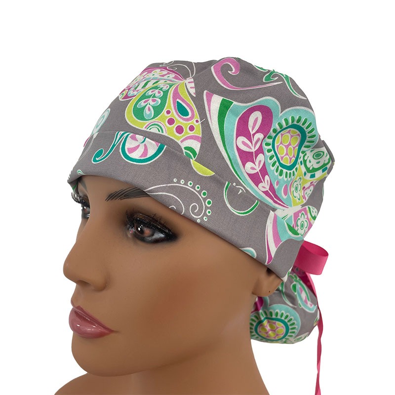 Turn Up Ponytail Medical Scrub Cap - Butterfly Flourish - Multi - Image 2