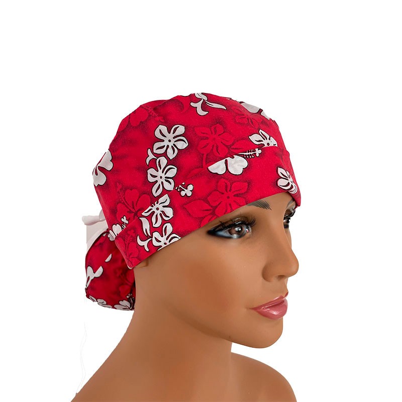 Turn Up Ponytail Medical Scrub Cap - Red Pareau Hawaiian Fabric