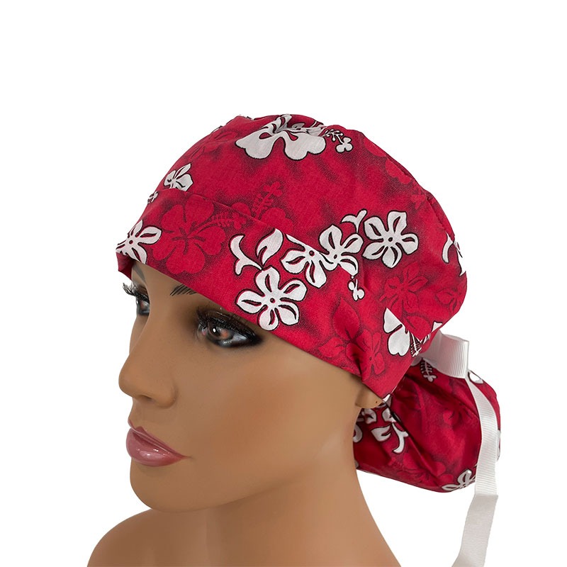Turn Up Ponytail Medical Scrub Cap - Red Pareau Hawaiian Fabric - Image 2
