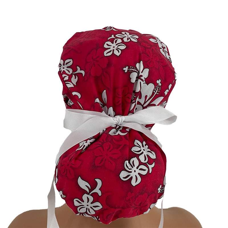 Turn Up Ponytail Medical Scrub Cap - Red Pareau Hawaiian Fabric - Image 4