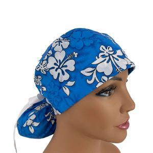 Turn Up Ponytail Medical Scrub Cap - Blue Pareau Hawaiian Fabric
