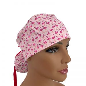 Turn Up Ponytail Medical Scrub Cap - Flamingos in Pink